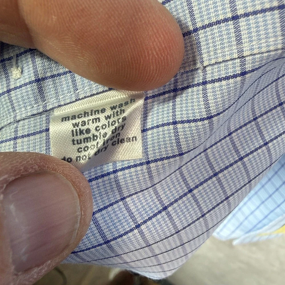 Paul Fredrick Button Down Shirt Mens 15.5 33 Blue Grid Check Long Sleeve Cotton